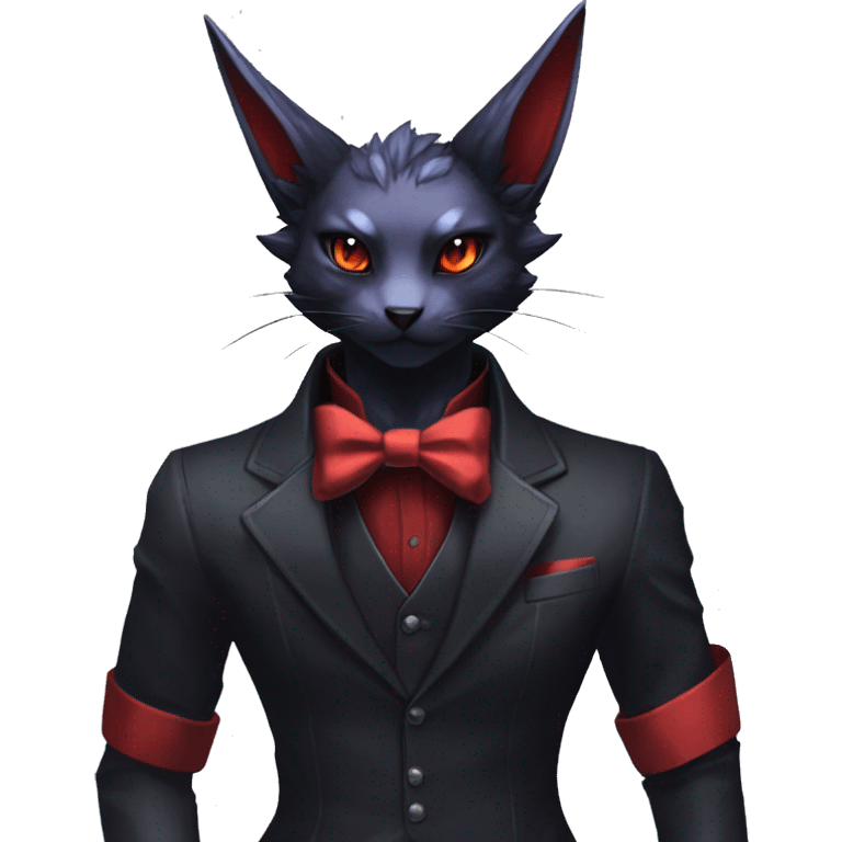 cool anthro edgy black red ethereal fantasy nargacuga-Noivern-cat-Fakemon collar harness bow tie and bracers full body emoji