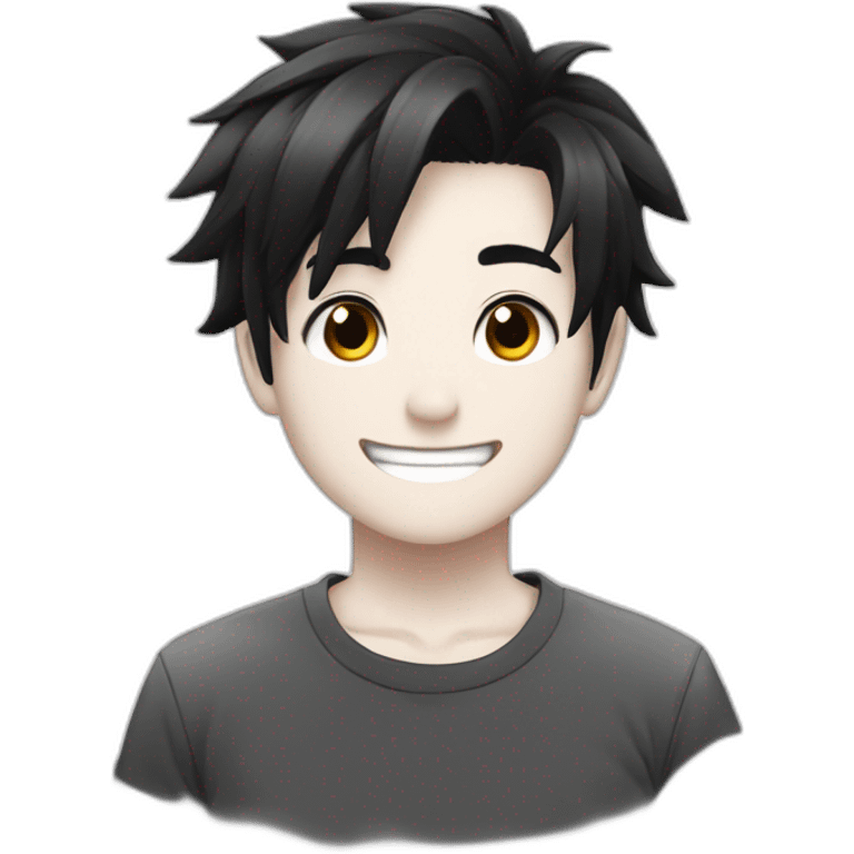 anime boy cartoon smiling with black hair, black and white t shirt, and black eyes emoji