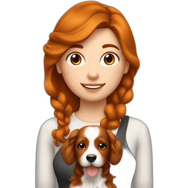 Femme rousse aux cheveux long bouclés avec son chien noir, son cheval marron et son chat blanc emoji