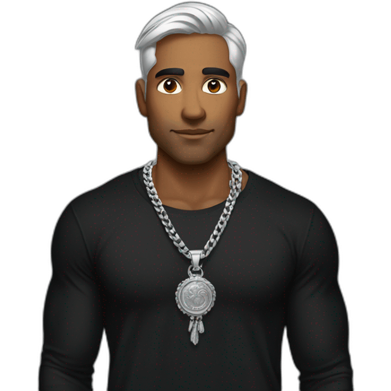 A strong Indian man wearing men silver chain,styled on a Full sleeve black tshirt emoji