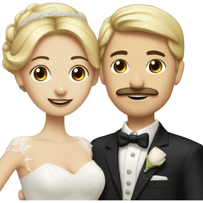 brunette Bride and blonde groom big chedt and mustache emoji