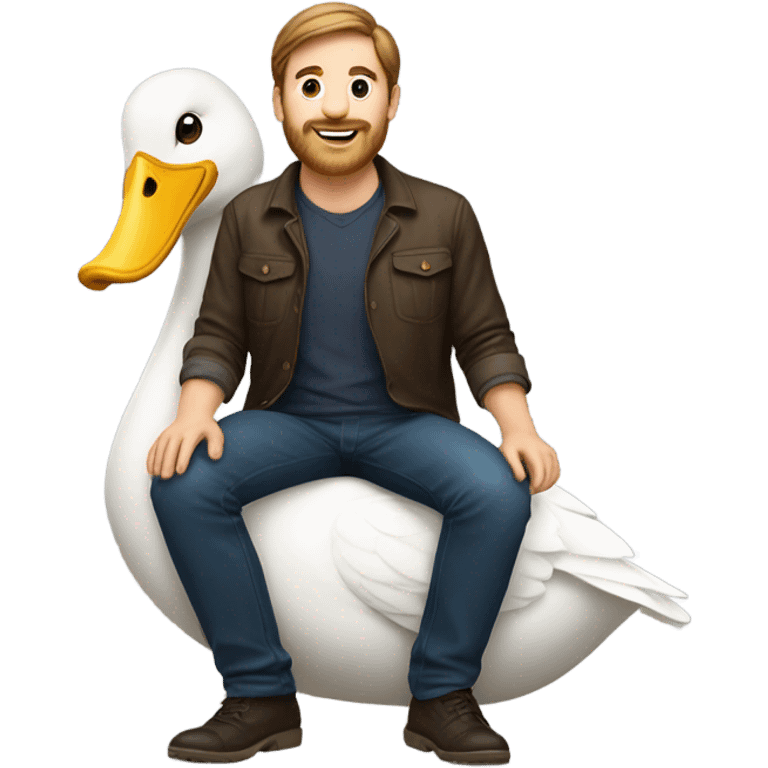 White Man with brunette hair and a short beard riding on the back of a giant duck emoji