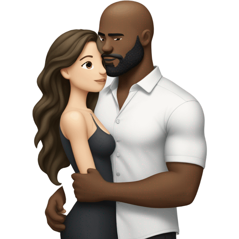 Curvy White brunette kissing muscular black bald man with beard emoji