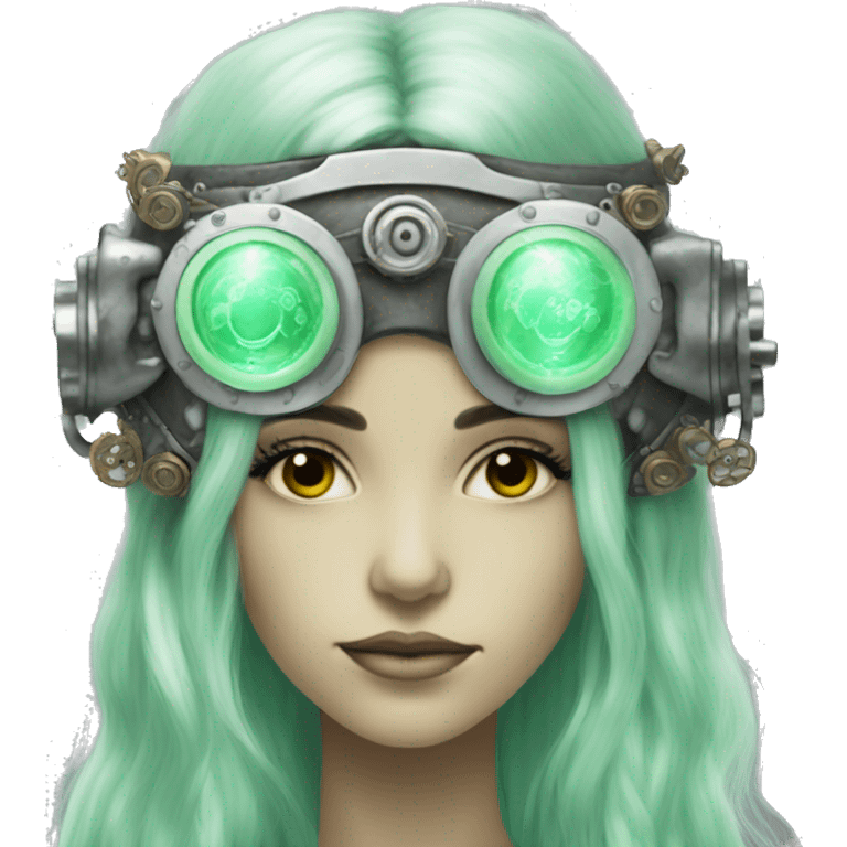 Pastel green long haired female cyborg head with silver steampunk goggles emoji