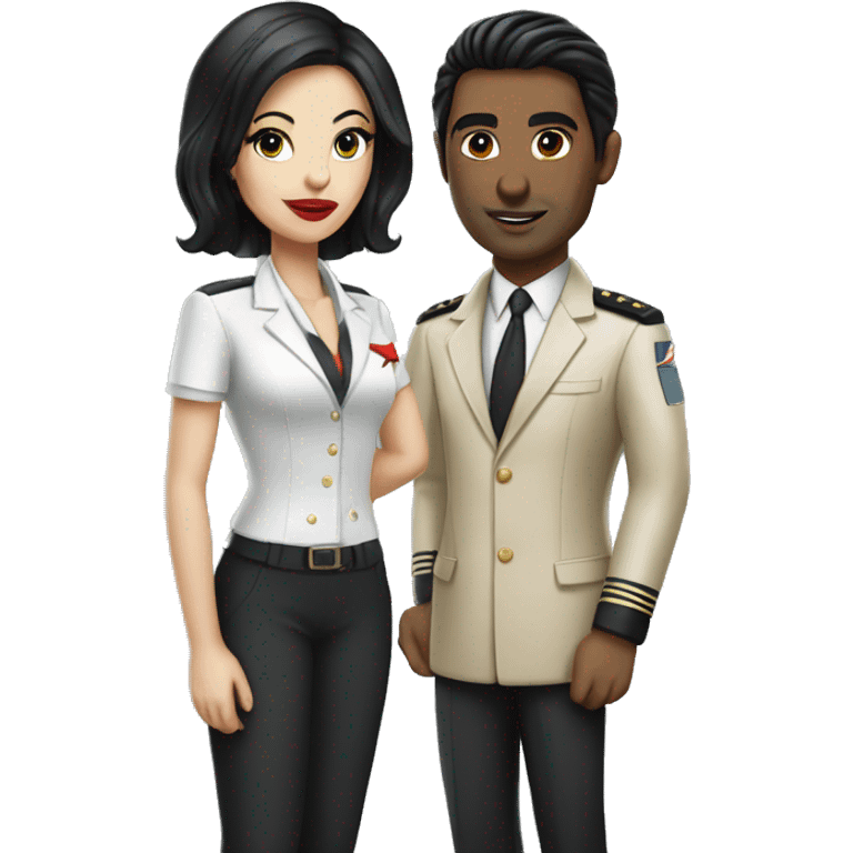 Flight attendant with long black hair, red lips and white skin with a pilot man with beige skin and black hair emoji