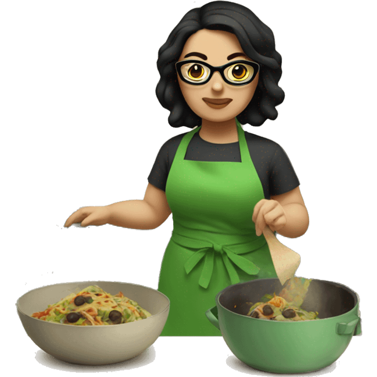 chubby lady with black hair green apron  with glasses cooking tacos emoji