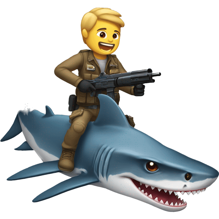 Raptor shooting laser guns while riding a shark emoji