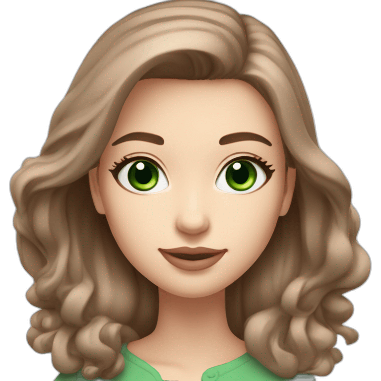 Long straight brown hair bright-emerald-green eyes medium-full dusty-pink lips oval face slightly arched eyebrows woman, slightly smiling close-lipped pale white skin emoji