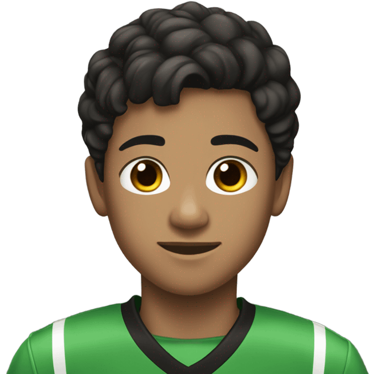 Make me a 14-year-old boy who is very handsome, a soccer player, dark-skinned, with black hair. emoji