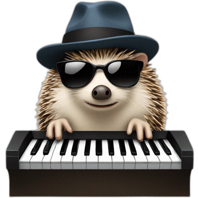 Hedgehog wearing a fedora and black sunglasses, playing piano emoji