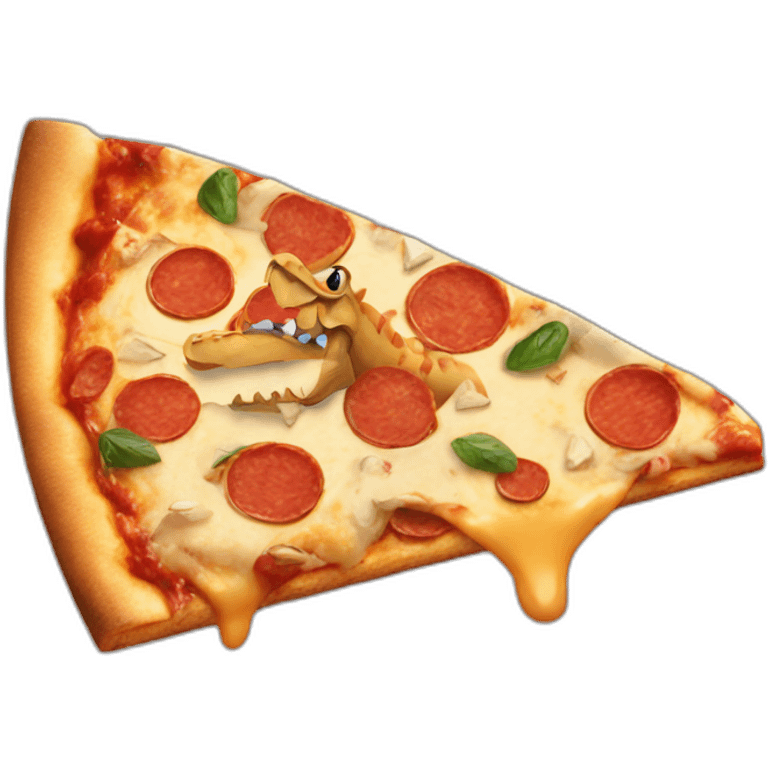 A dinosaur open mouth riding on pizza slice emoji