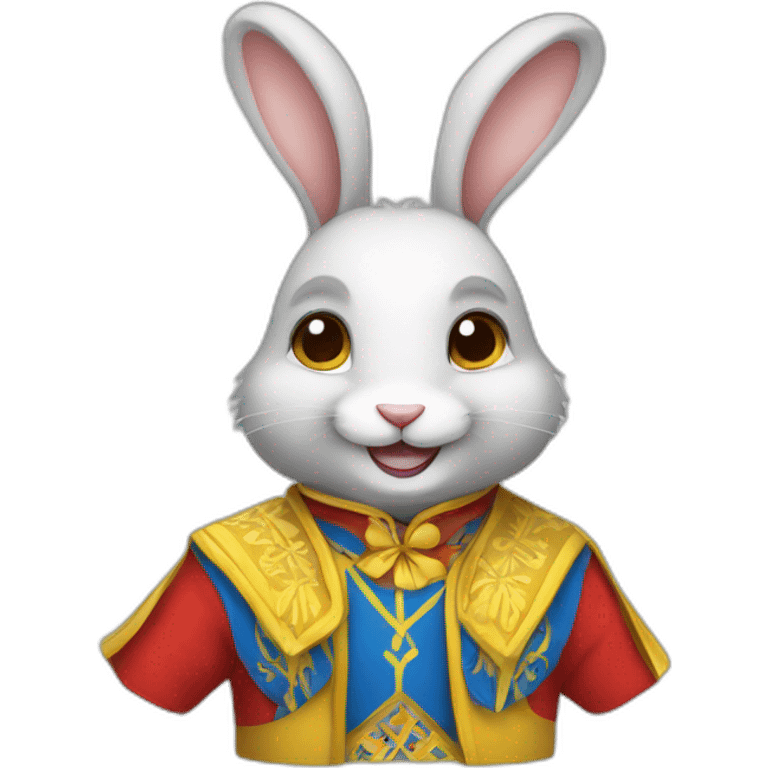 smiling rabbit dressed in a costume with colors inspired by the Ukrainian flag emoji