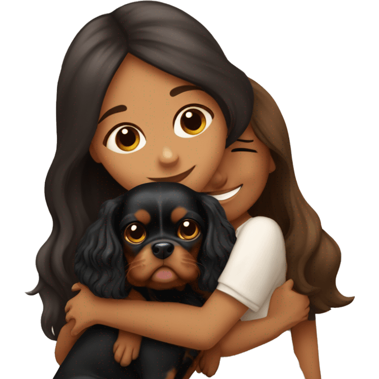 cute girl hugging two black and brown cavalier king charles spaniel  emoji