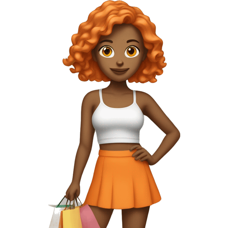 Tan girl with long orange hair wearing a skirt and crop top outfit holding shopping bags emoji