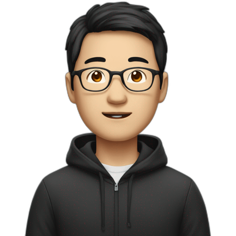 A mature Chinese boy with black hair and eyeglasses wearing black hoodie emoji