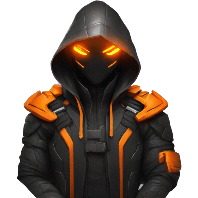  developer behind his laptop with this style : crysis Cyberpunk Valorant orange glowing bright orange character orange black hooded assassin themed character emoji