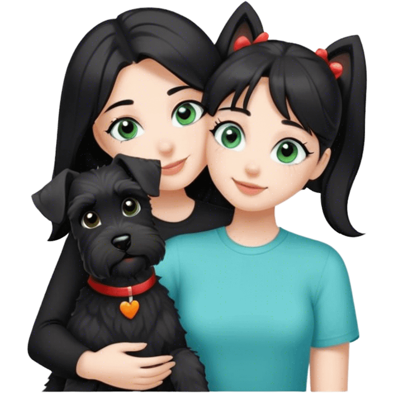 pale girl with light green blue eyes and long black hair wearing black shirt kissing female schnauzer holding smiling black schnauzer  emoji