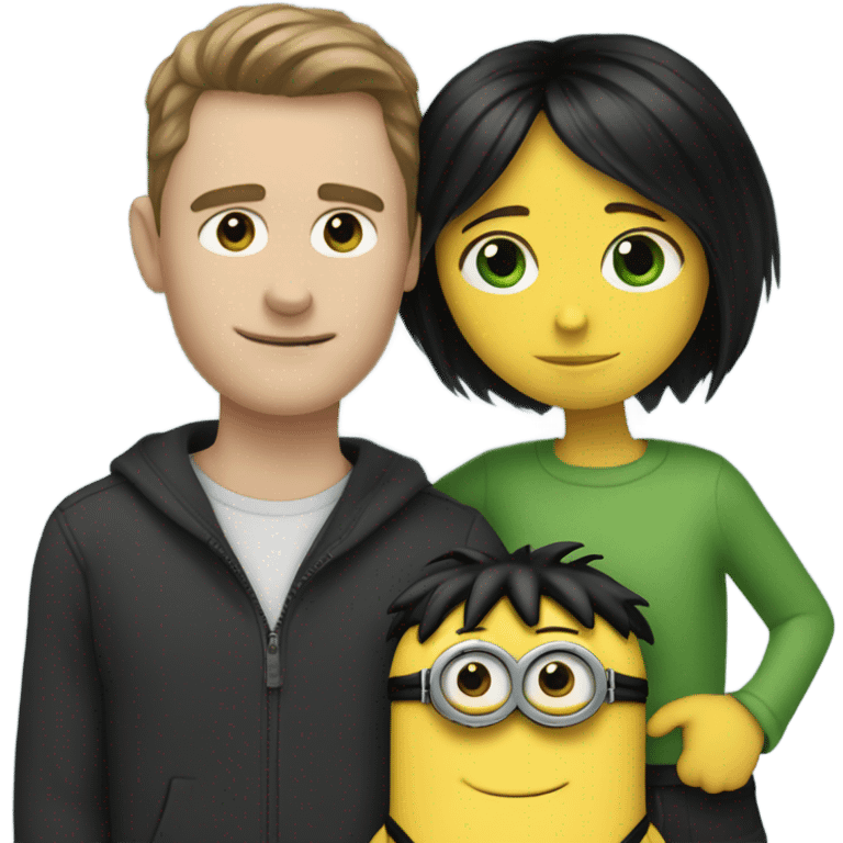 white male, brown eyes, black hair hugging and holding a minion with green eyes  emoji