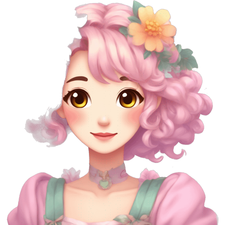 Gorgeous Shiny Colorful Pastel Anime Style Mature Lady with blushing face and pretty hair with a flower crown and antlers pastelcore kawaii cottagecore fairycore aesthetic trending style emoji