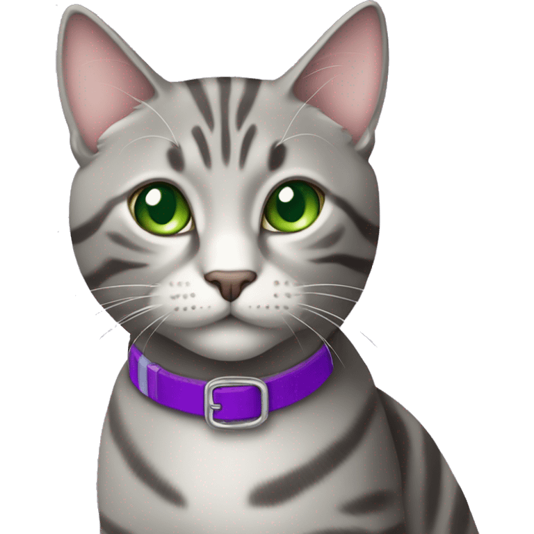 Grey tabby cat with a purple collar and green eyes emoji