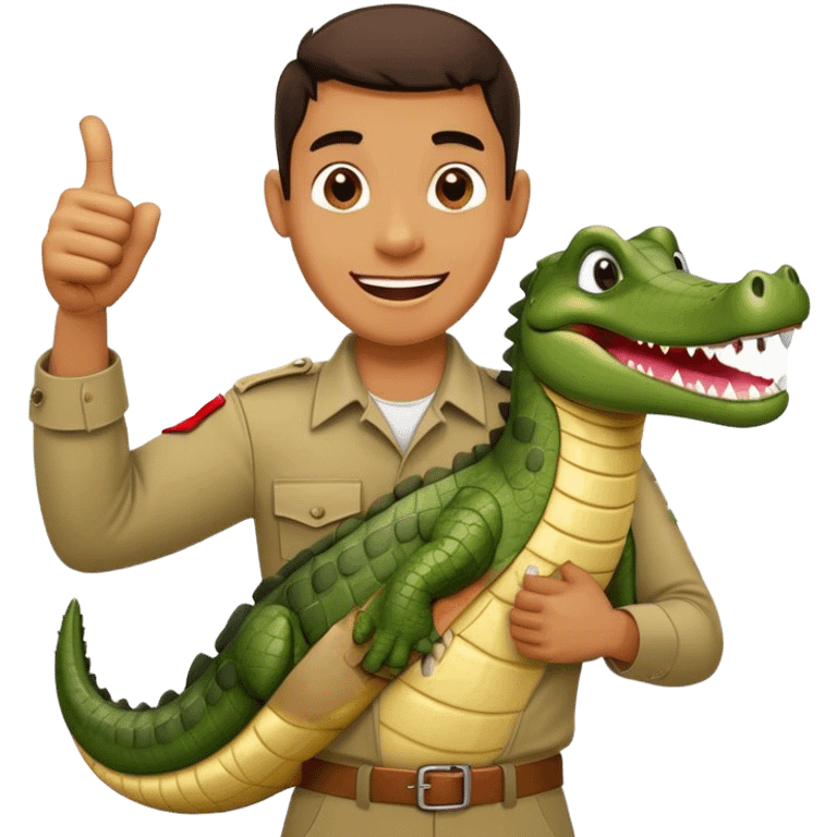 Cinematic Realistic Steve Irwin Portrait Emoji, in his signature khaki attire, holding a crocodile or giving an excited thumbs-up. The scene is lit with vibrant, natural sunlight, emphasizing his adventurous spirit and deep connection to nature. emoji