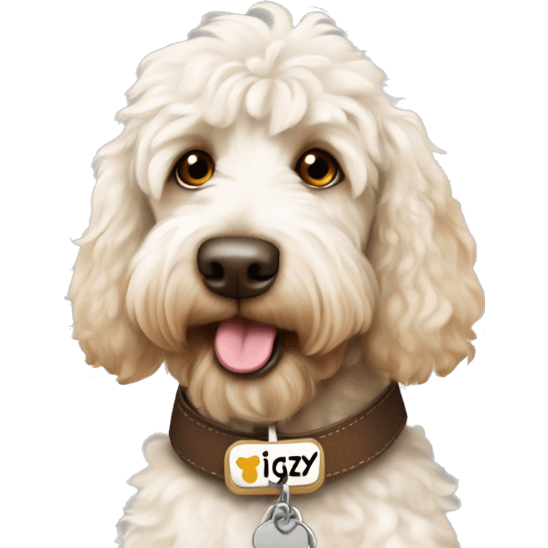 White and brown patched labradoodle dog with collar on and name tag with the name ziggy emoji