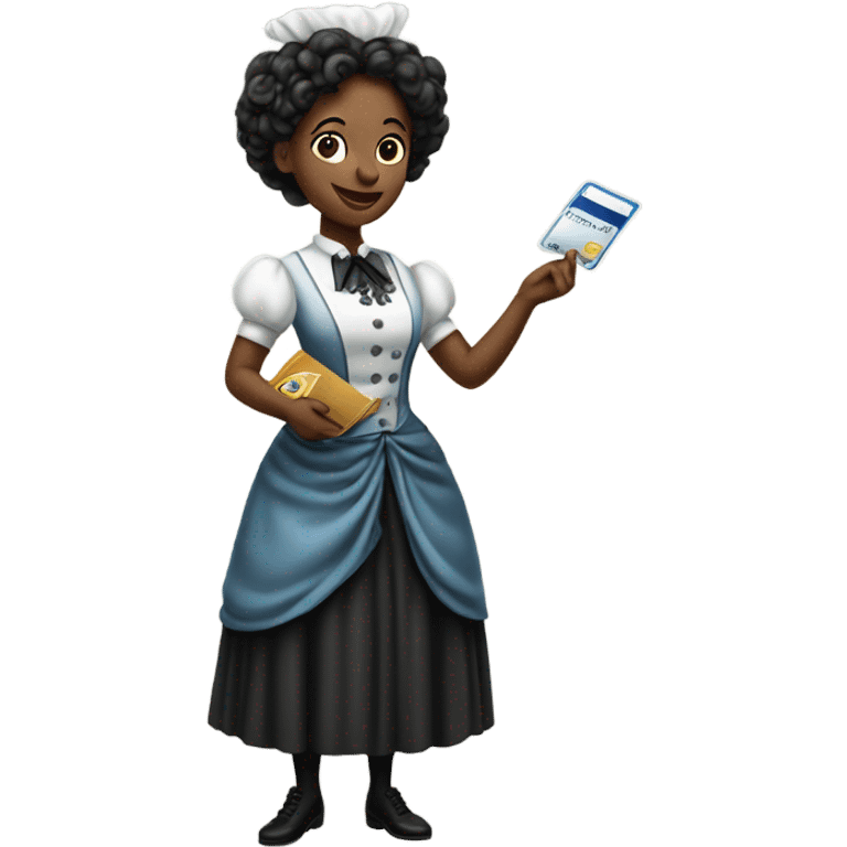 galora waitress in Victorian dress elegant, full body, holding big credit card emoji