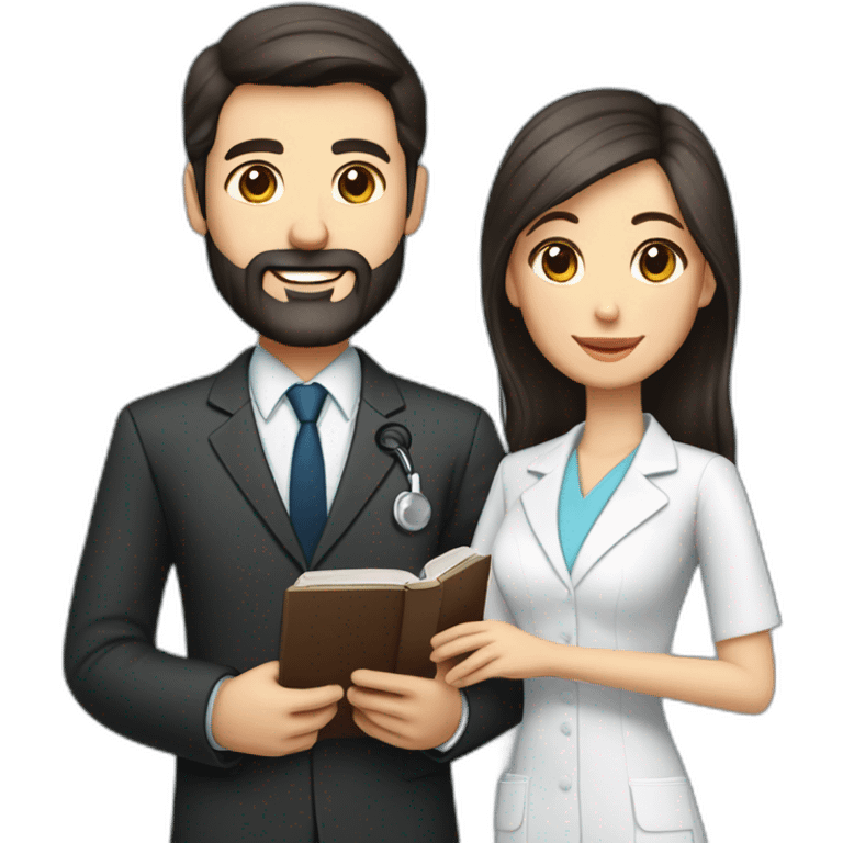 husband classy caucasian executive 55 dark hair trimmed beard wearing business suit holding bible, with wife asian age 55 dark hair nurse uniform, no children emoji