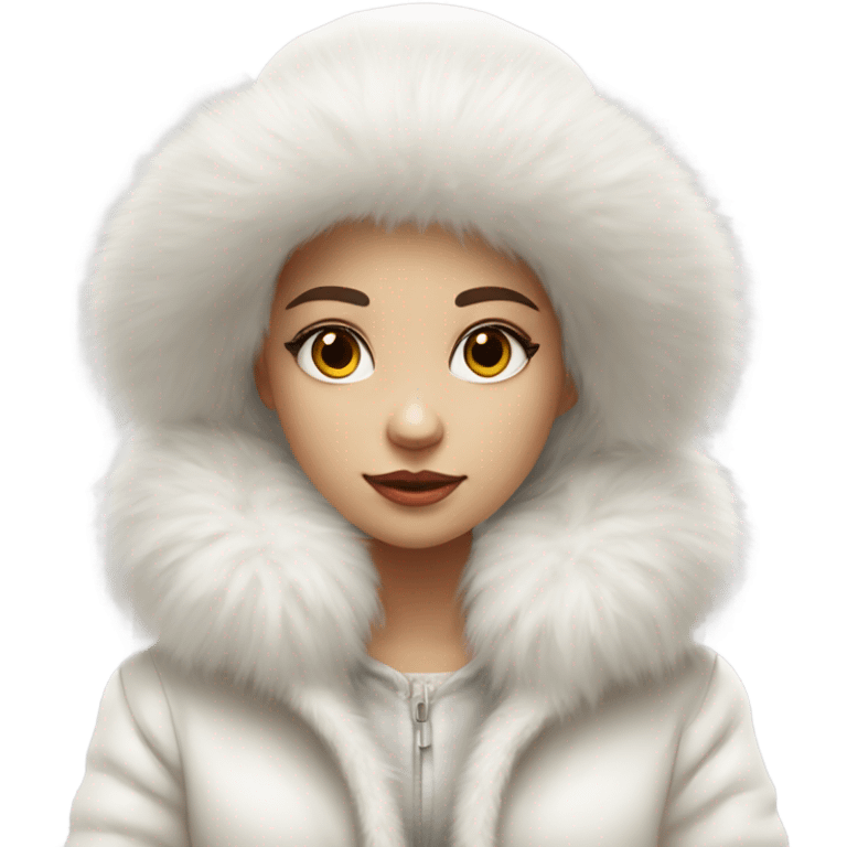 a girl with a white big fluffy fur hat and white fur coat, aestheticism, a character portrait emoji