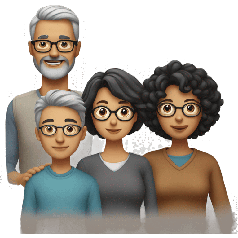 Familiy Group. Dad with grey short hair. Mother with brown shoulder long hair. Son with shorter black hair and beard. Everyone is wearing glasses emoji