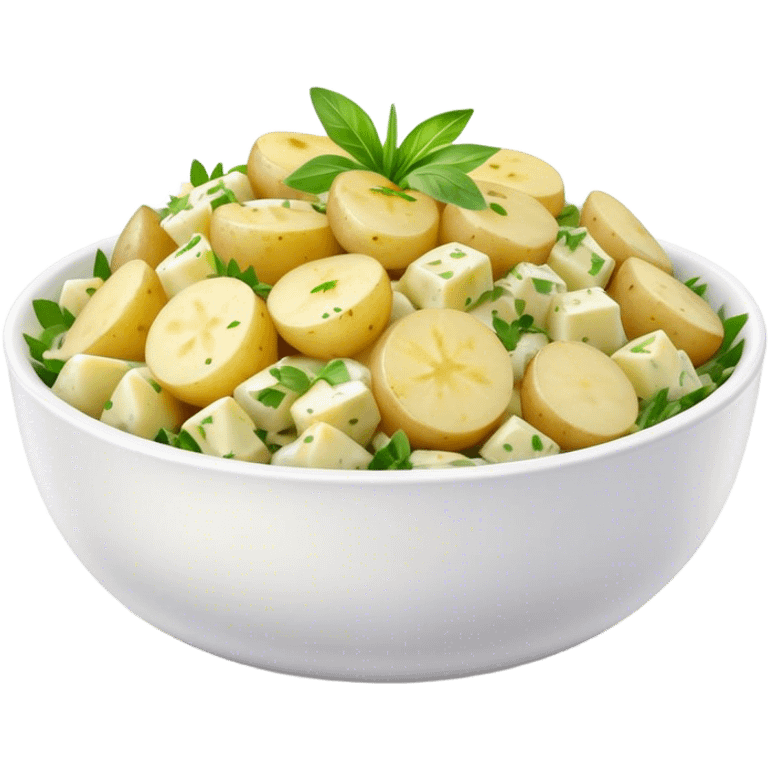 Cinematic Realistic Kartoffelsalat Dish Emoji, showcasing a traditional potato salad with fresh herbs and tangy dressing rendered with lifelike detail and vibrant, natural lighting. emoji