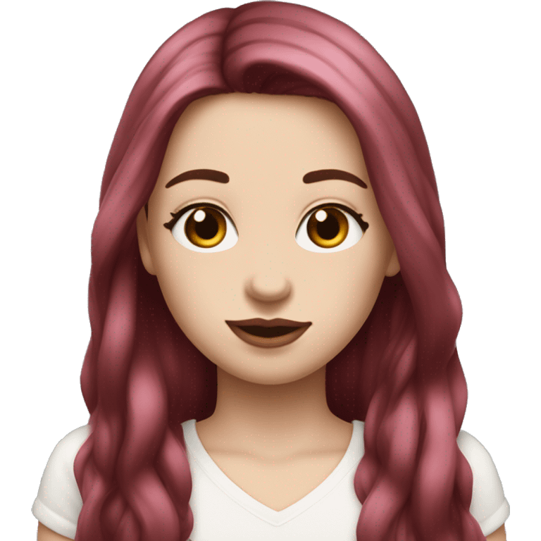 Long dark red middle part hair very Long lashes, white skin and pink lips, braces emoji