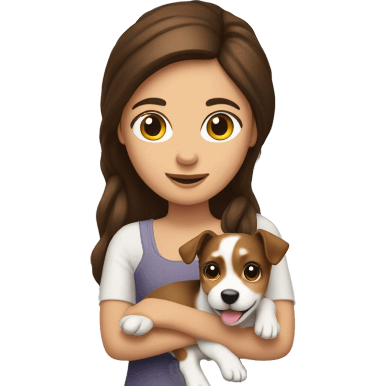 Brunette girl holding cute jack Russel  emoji