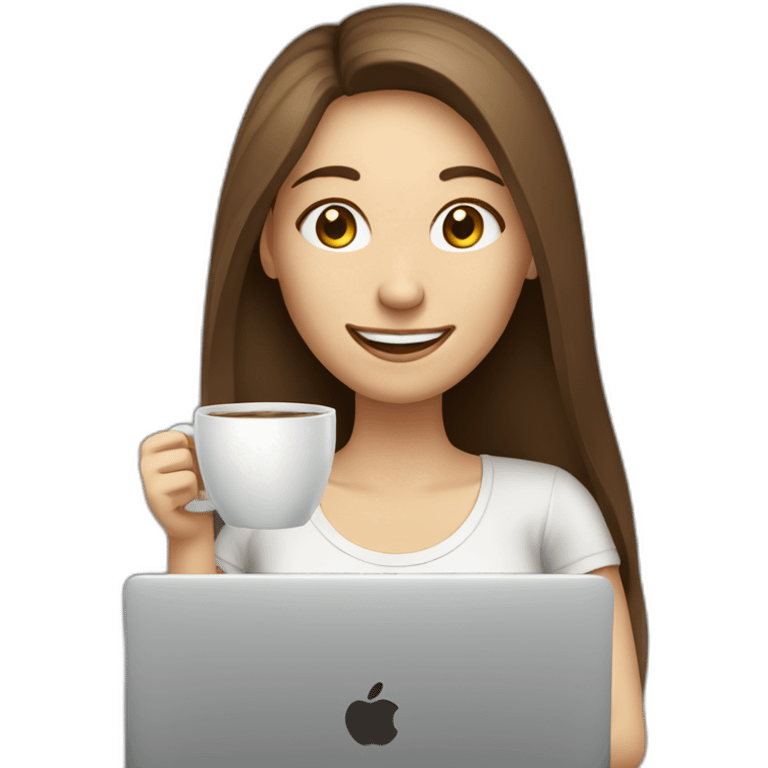 smiling woman with middle brown straight long hair and pale skin behind a laptop enjoying sipping coffee from a mug emoji