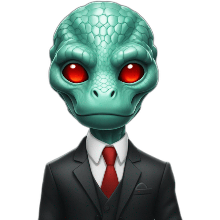 Aquamarine reptilian in classic black suite with red laser eyes on the middle of platinum coin emoji