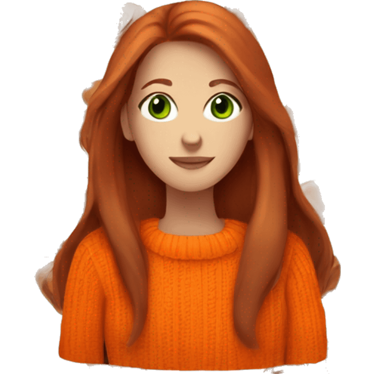 A dark redhead with straight long hair, a girl with green eyes in an orange sweater and a hot chocolate  emoji