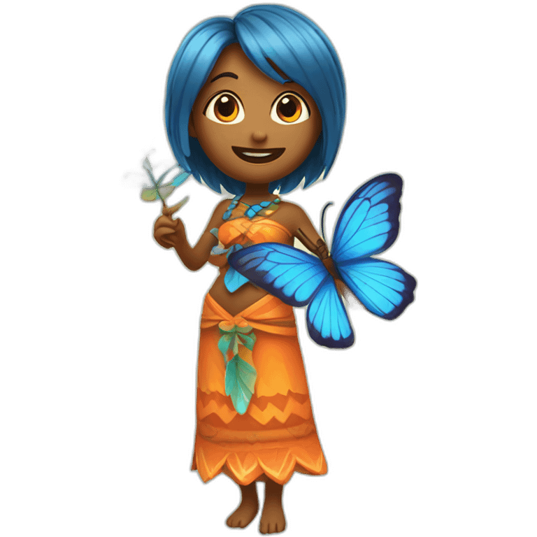 Cartoon Blue and orange girl tiki singing with butterfly and in the mike emoji