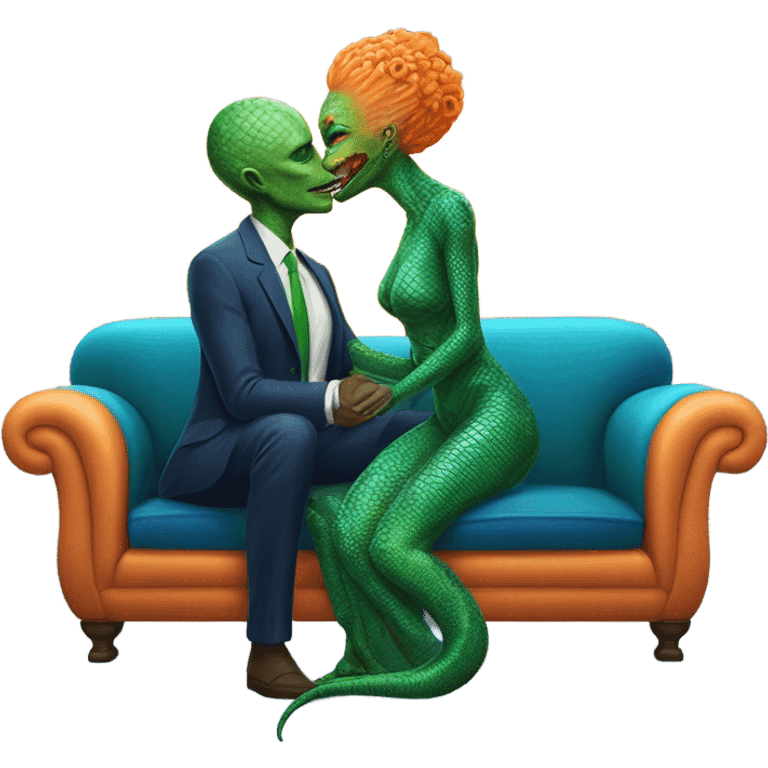 A reptilian alien woman in orange dress kissing human man in blue dress, on sofa emoji