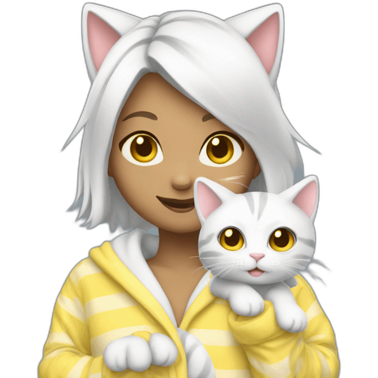 cat girl with white hair and yellow eyes in pajamas waving emoji