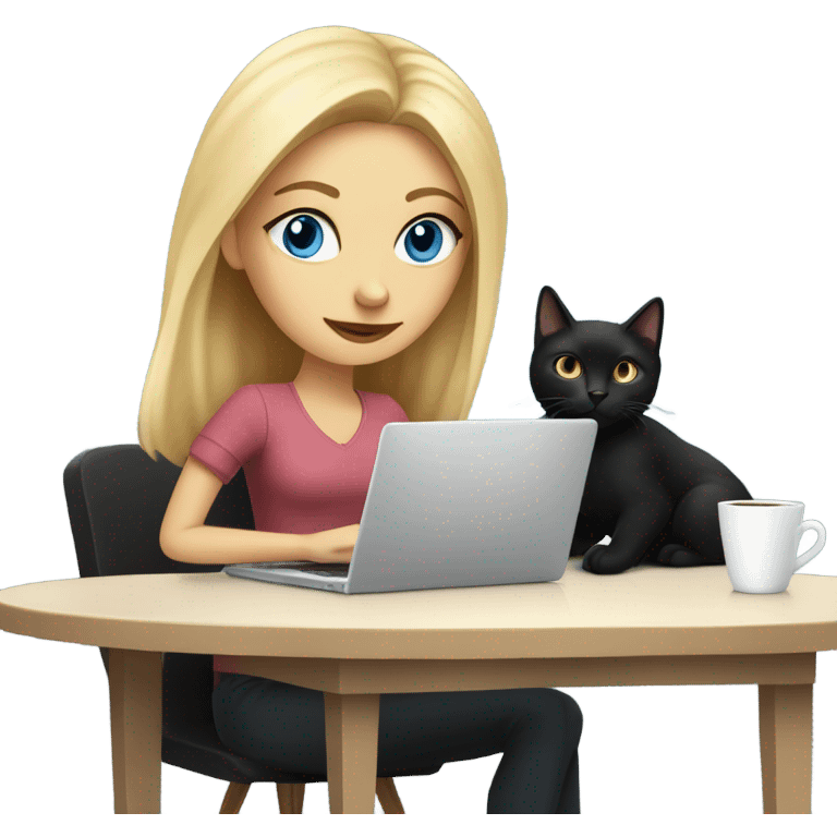 A blonde girl with blue eyes working on her laptop, holding a coffee, with her black cat by her side. emoji