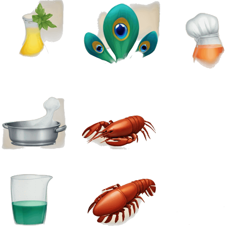 fusion of juice, frame, track, peacock, lobsters, kitchen hood, walrus and egg emoji