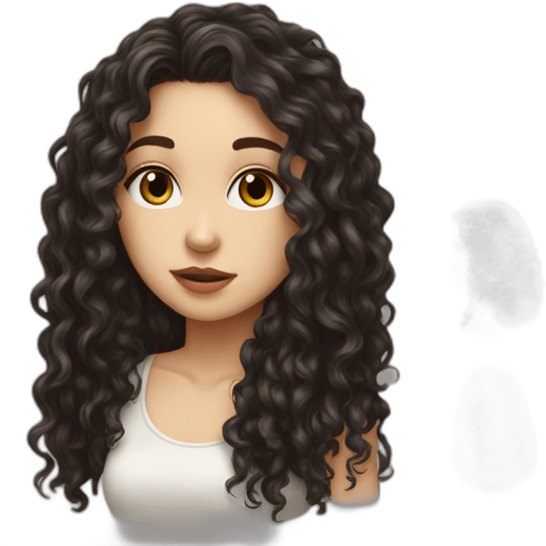 White girl with dark curly long hair kiss emoji