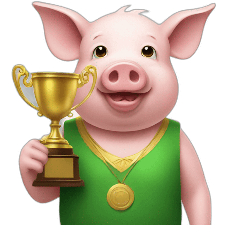 a pig wearing green clothes with a trophy emoji