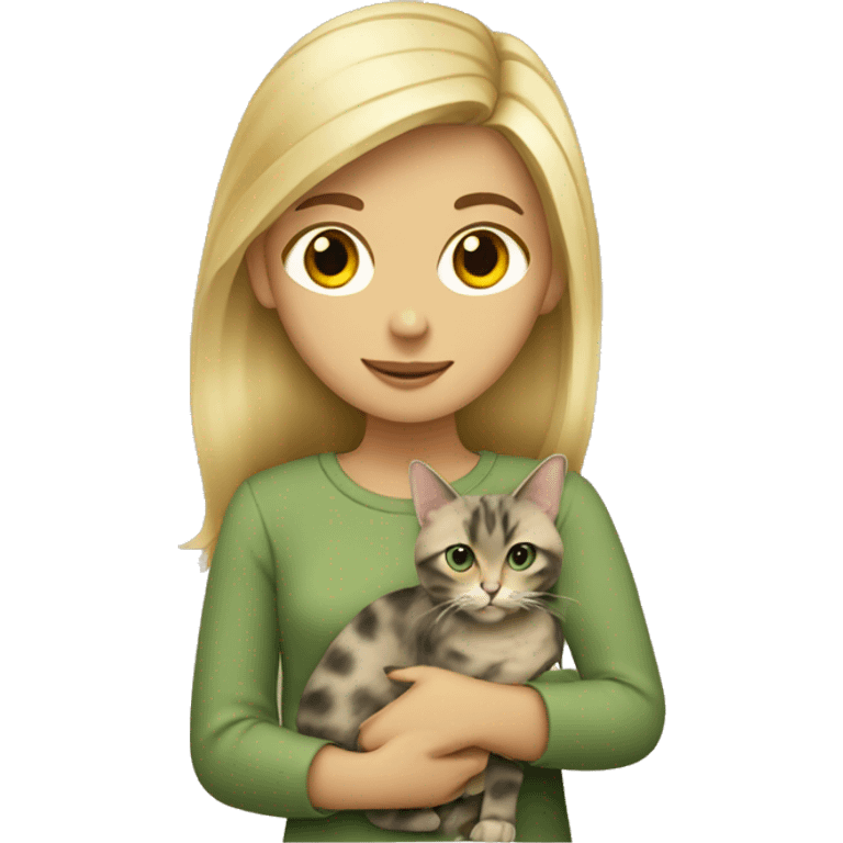 blonde girl wearing sage green holding tortoiseshell cat emoji