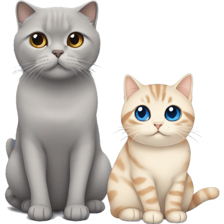 Grey Scottish fold sitting together with beige cat with blue eyes  emoji