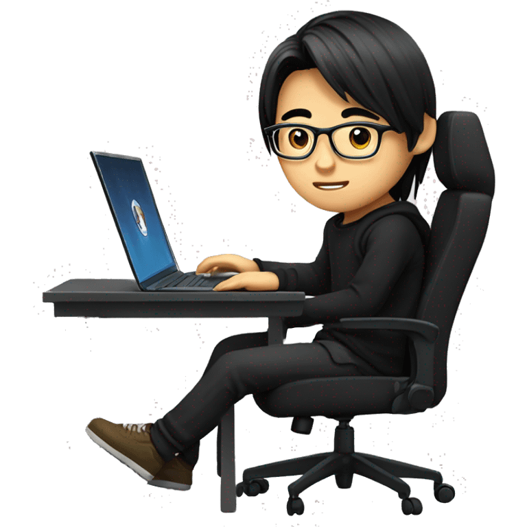 asian boy with glasses, long straight hair, wearing black clothes , working on his laptop seating on a gaming chair emoji