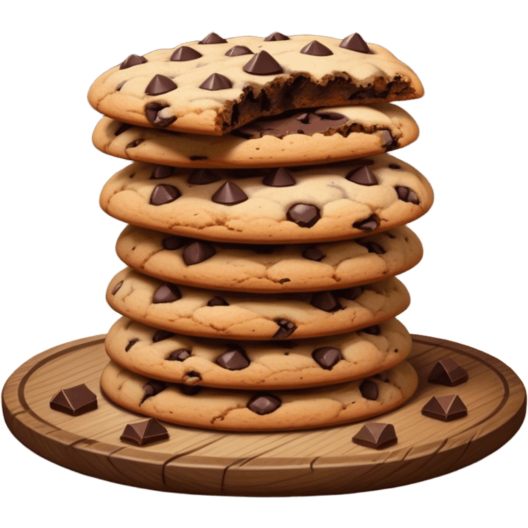 Cinematic crunchy chocolate chip cookies, freshly baked, golden-brown with gooey melted chocolate chunks, stacked on a rustic wooden plate, soft warm lighting, cozy and delicious. emoji