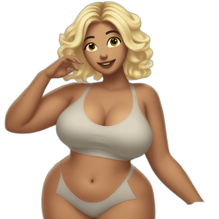 Slim-thicc Caucasian woman small panties hands-in-hair pose (beach body) emoji