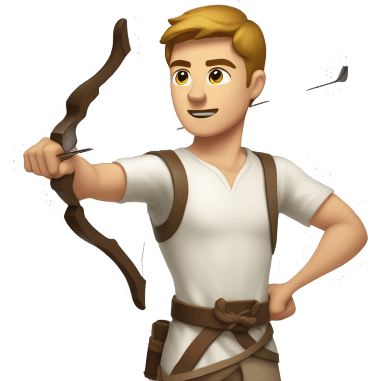 a male archer bending a bow, wearing a white shirt, very short brown hair, bright skin, only show upper part of the body from waist up emoji