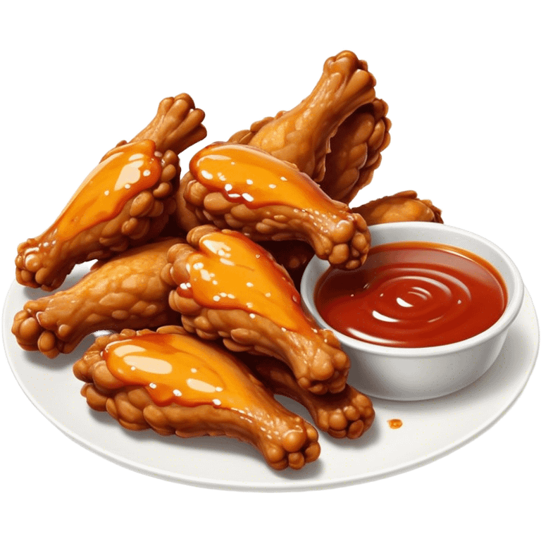 Cinematic crispy chicken wings, golden-brown and glazed with spicy sauce, crunchy coating, juicy inside, piled high with dipping sauce on the side, ultra-realistic and mouthwatering, inviting and bold. emoji